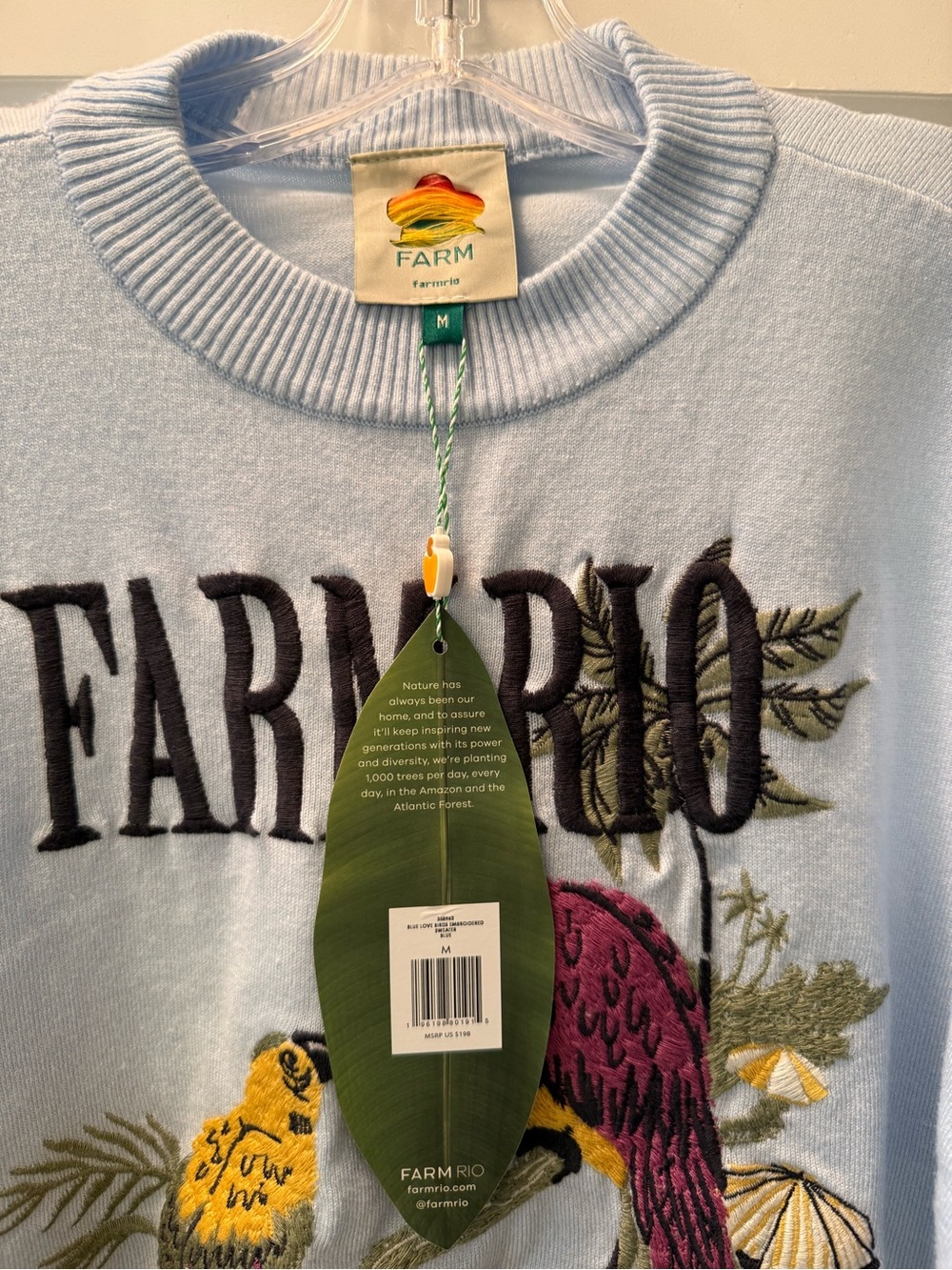 FARM Rio Pastel Blue Sweater with Pink & Yellow Embroidered Parrot Graphic NWT - Picture 6 of 6